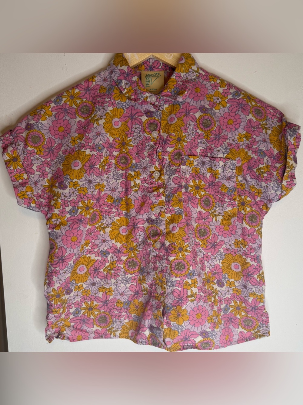 Retro Floral Button Up Shirt Pink Yellow Vintage Style Girls M 10/12